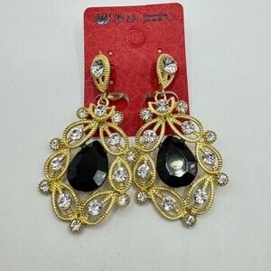 Vintage Dangle Drop Middle Eastern Vibe Rhinestone Earrings Goldtone Earrings